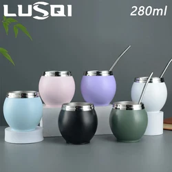 LUSQI 1PC Stainless Steel Maté Cup Double Layer Maté Tea Special Water Cup High Value Creative Maté Cup With A Straw Spoon