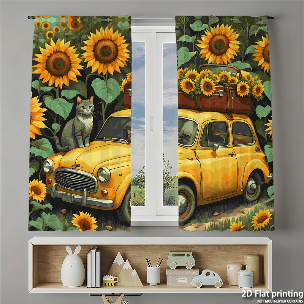 مجموعة مكونة من قطعتين من ستائر مطبوعة رقمية عالية الوضوح عباد الشمس الصفراء لوحة زيتية للقطط على طراز ديكور المنزل