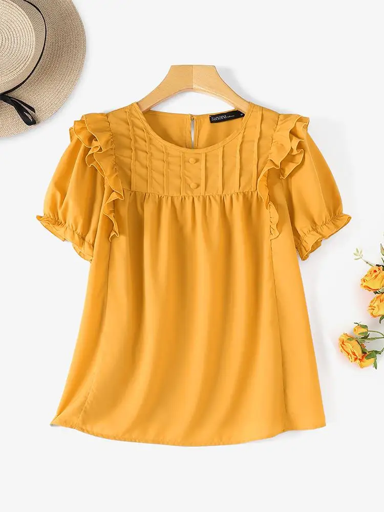 ZANZEA Women Elegant Tops Fashion Ruffled Patchwork Blouse Korean Fashion Puff Short Sleeve Tunic Holiday Pleating Buttons Blusa