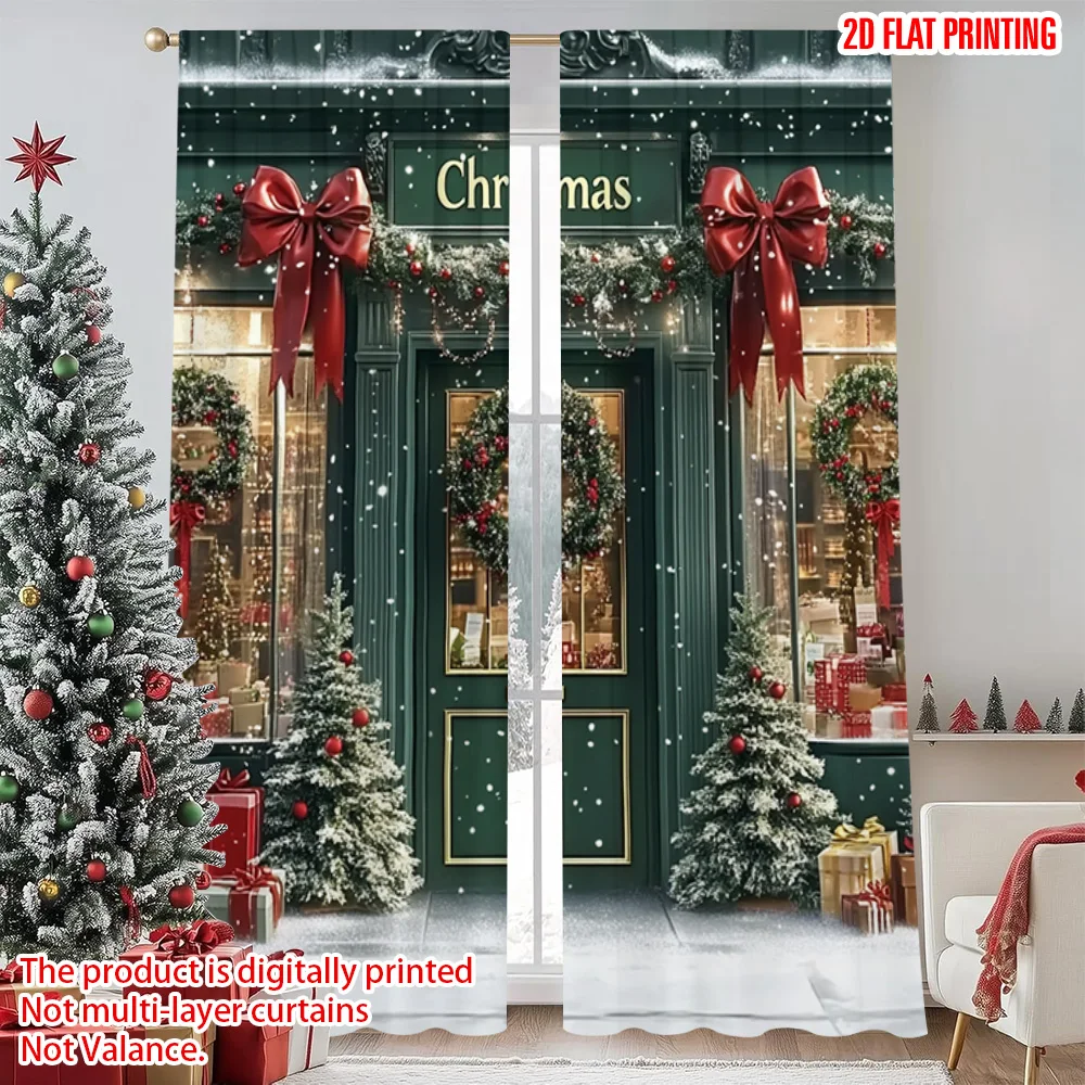 

2pcs 2D flat printing Merry Christmas Popular Curtain Vintage family party 100% Polyester Without Electricity Holiday