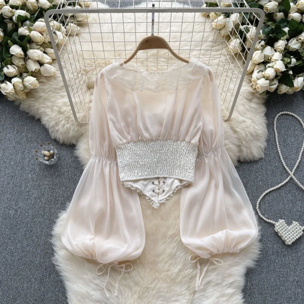 

Retro Mesh Ruffled Lace Chiffon Tops Patchwork Puff Long Sleeve Chiffon Blouse Blusas V Neck Lace-up Shirts Women