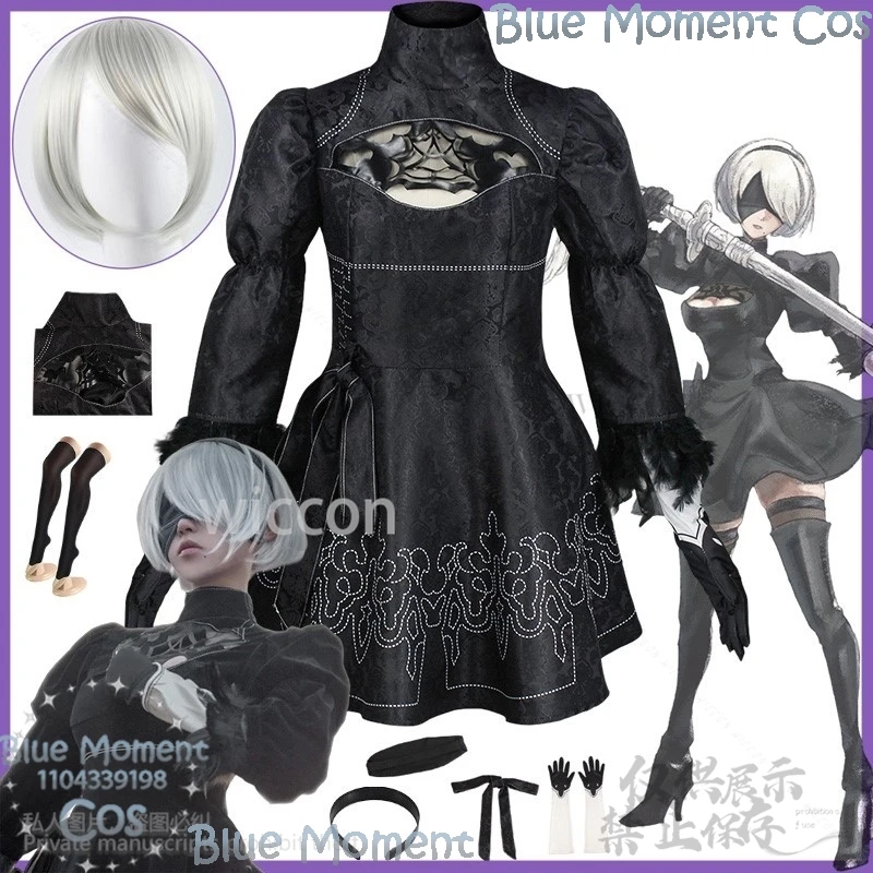 Yorha 2B Nier Automata Game Cosplay Goth Costume Lolita Black Dress Wig Prop For Girls Halloween Christmas Party Cos Customized
