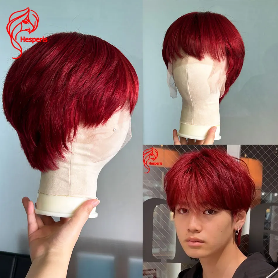 Hesperis Hot Red Human Hair Male Wigs With Bang Short Cut Full Lace Wigs For Man Glueless Red Colored Human Lace Men's Wigs