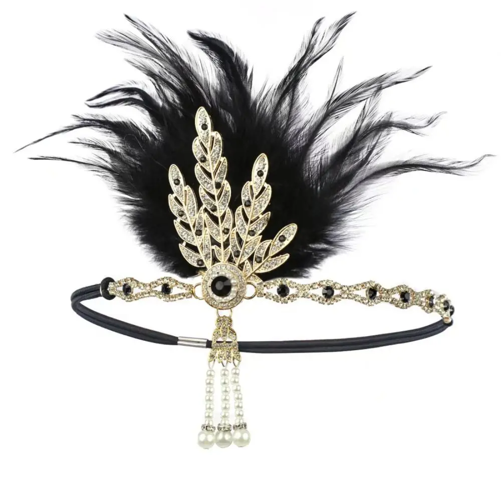 Retro Elegant Feather Headband Vintage Diamond Masquerade Hair Band Makeup Party 1920s Hair Accessories Stage Performance