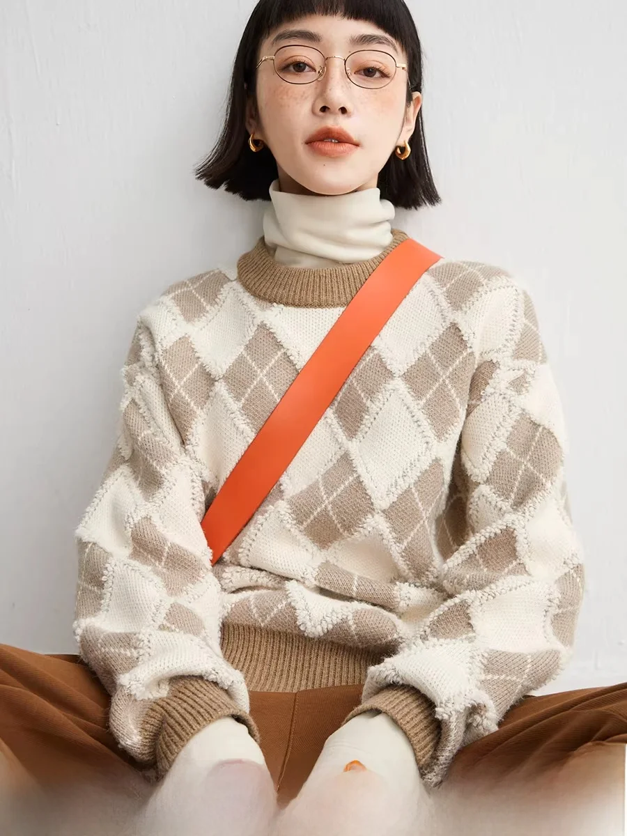 

Cloud Life Color Blo Diamond Pattern Skin Friendly Warm round Ne Women's Knitted Sweater Autumn Winter New Sle Versatile