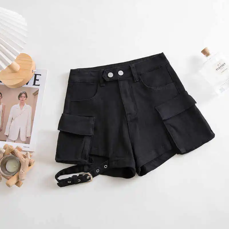 Women Khaki Mini Denim Shorts Vintage Micro Cargo Jeans Shorts 2000s Y2k Gyaru High Waist Hot Cowboy Pants Shorts Clothes Summer