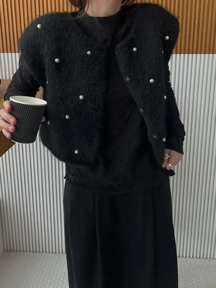 Retro Sweater Vest for Women Korean Fashion Pearl Embellished Open Front Cardigan Heavy Knit Outerwear