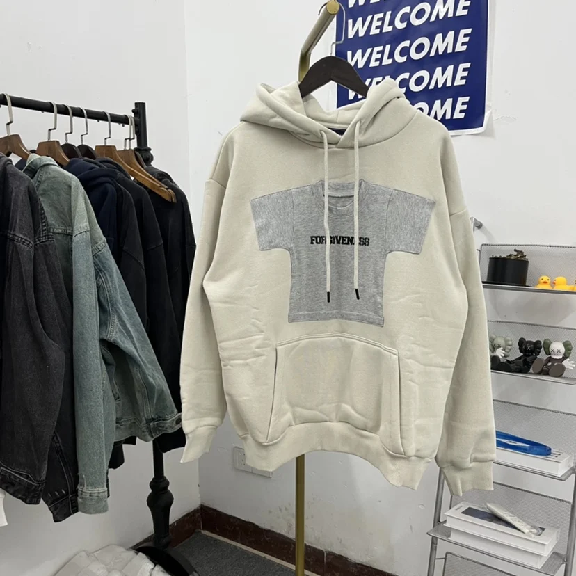

American Sle Fce Lined Oversized Hoodie Middle Length Patchwork Sweatirt for Men And Women Autumn Winter New Sle Cas...