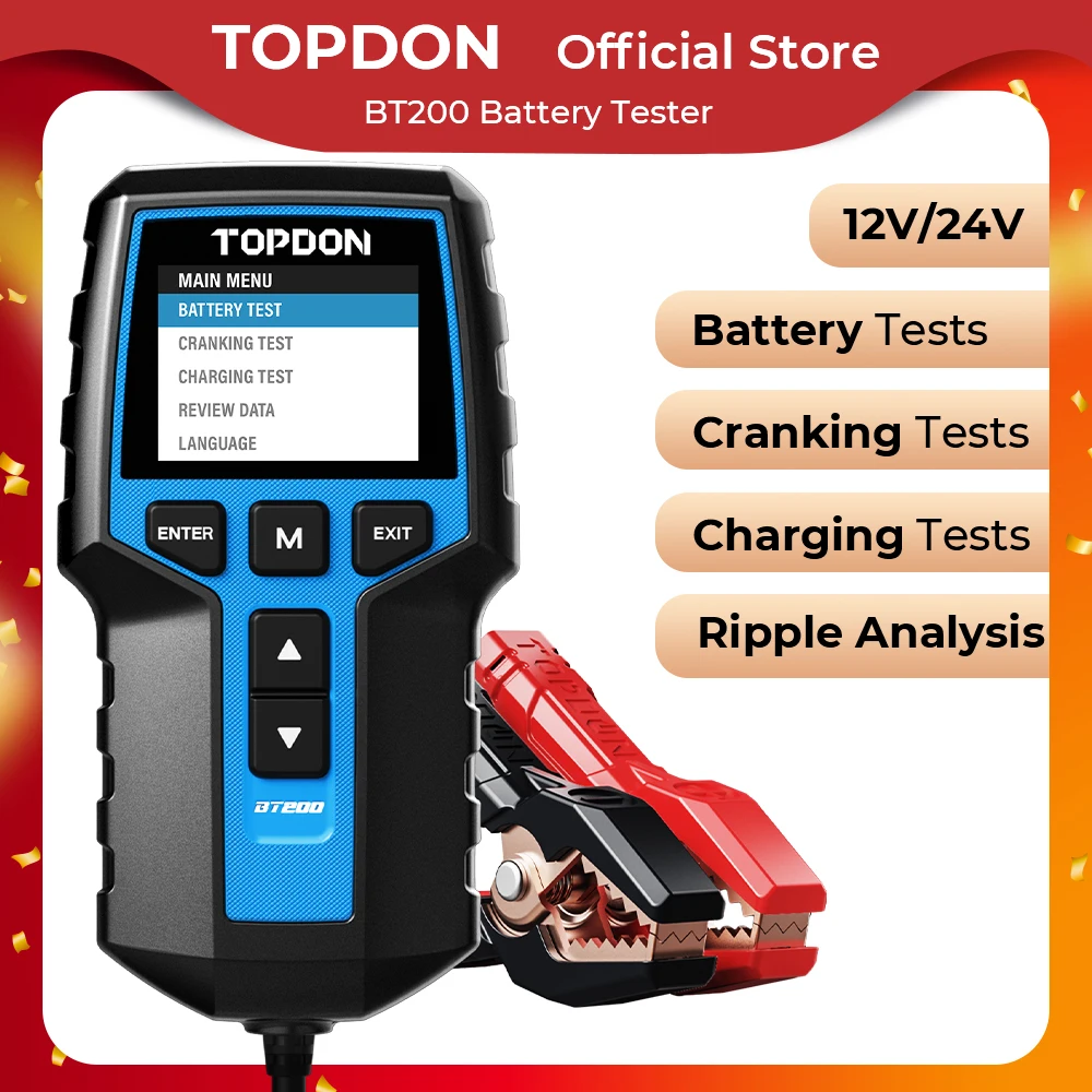 

TOPDON BT200 Portable Battery Tester Charging Cranking Test Tools for Car 12V Automotive Diagnostic Battery Monitor 100-2000CCA