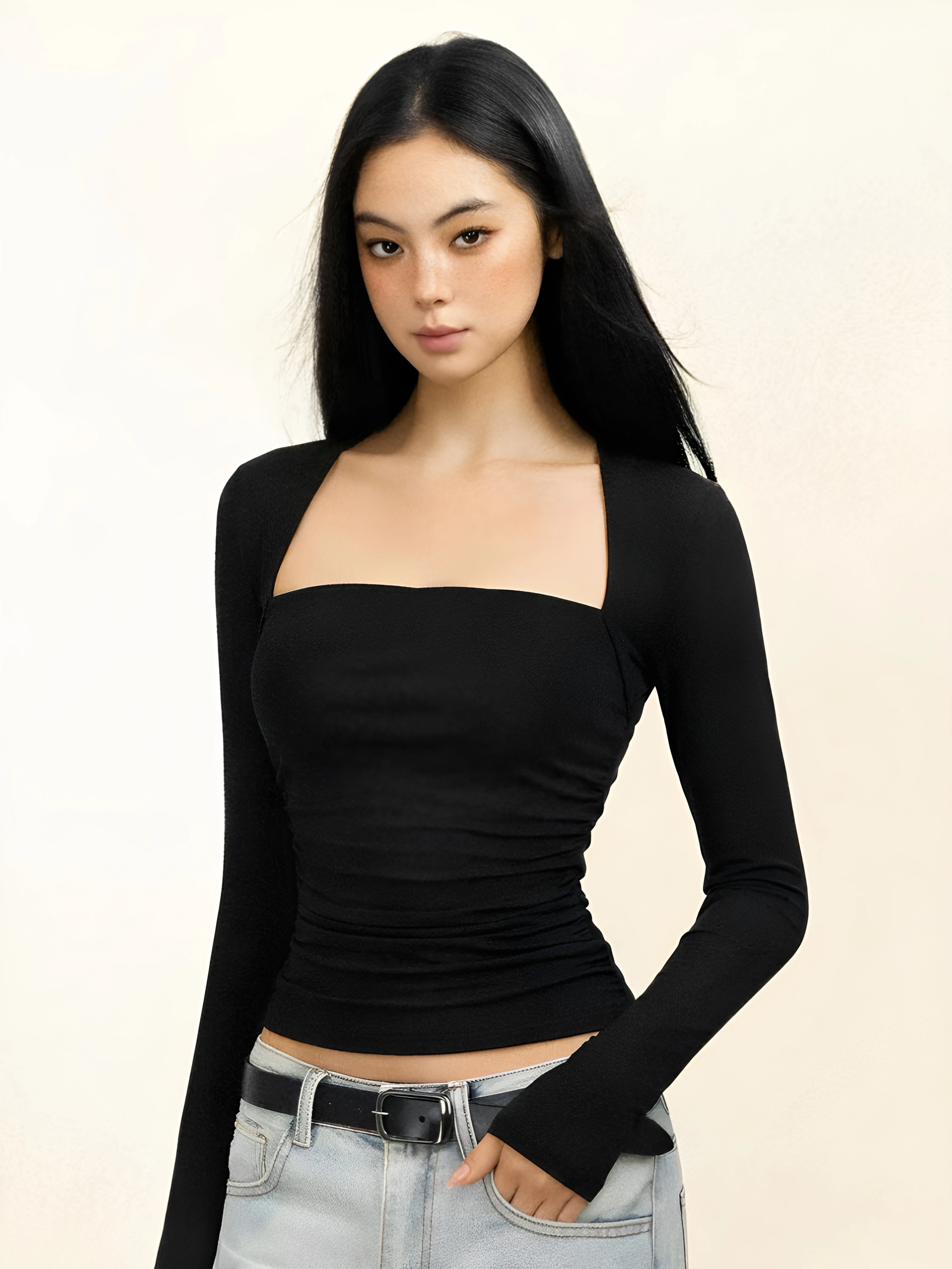 Spring Autumn 2026 Women's Slim Fit Long Sleeve T-Shirt Square Collar Base Shirt Sexy Shoulder Level Top Commute Style Korean...