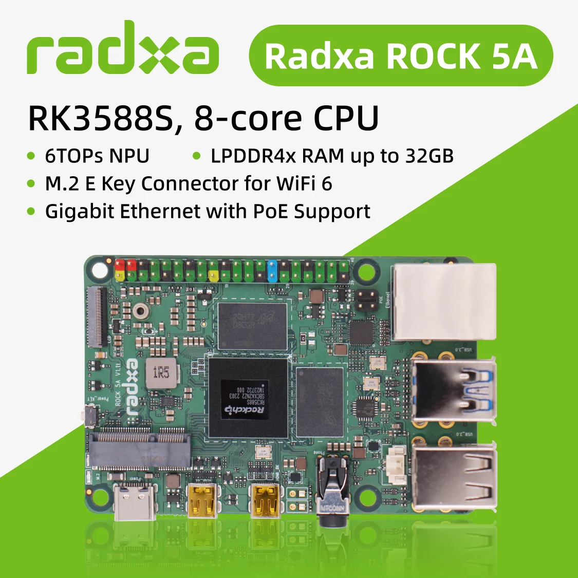VivaCTRadxa ROCK 5A GREEN RK3588S, 8-core CPU SBC, HDMI with 8K Output, WiFi 6 Support and Gigabit Ethernet, Single Board Comput