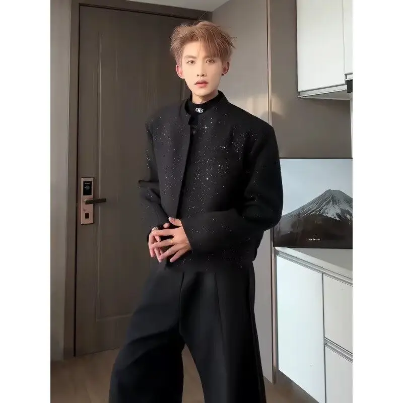 

Черный укороченный смокинг с драпировкой и подплечниками, из шерстяного материала, мужской, премиум-класса, комплект для создания стильного образа