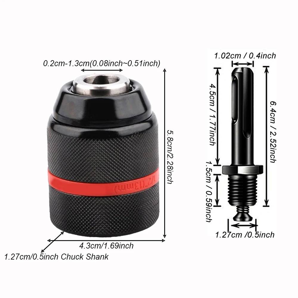2-13mm Metal Keyless Drill Chuck,With SDS-Plus Shank,Self-locking Ratchet,1/2-20UNF Threaded,Chuck for Drill Bit Screwdriver&Tap