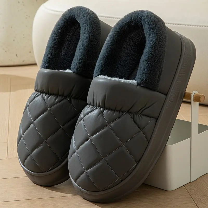 

Мужские зимние непромокаемые тапочки из искусственной кожи, модные удобные очень большие теплые нескользящие хлопковые туфли на толстой подошве