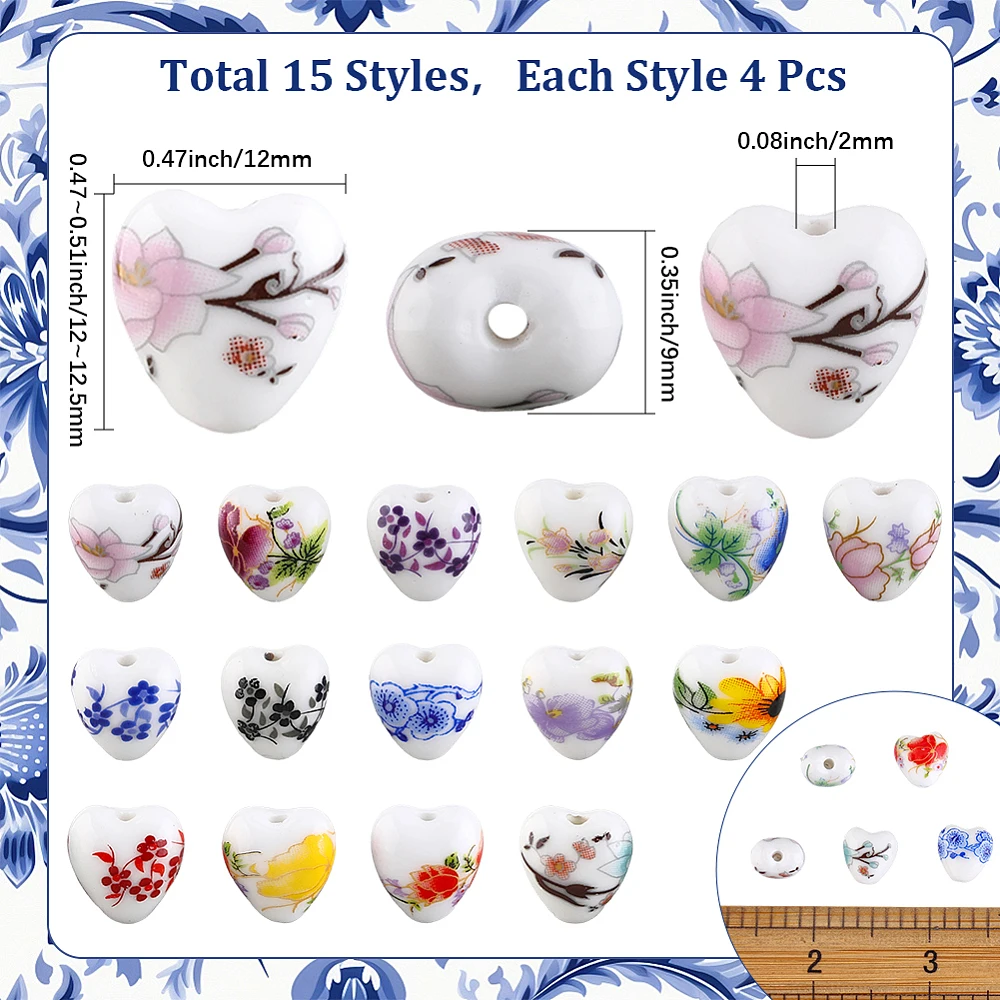 60Pcs 15 Colors Ceramic Heart Shaped Beads Porcelain Flower Beads Bulk Chinese Colorful Floral Printed Loose Spacers