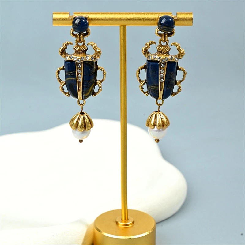 Vintage Scarab Beetle Dangle Earrings for Women with Rhinestones Imitation Pearls and Gradient Color Imitation Gemstone Jewelry
