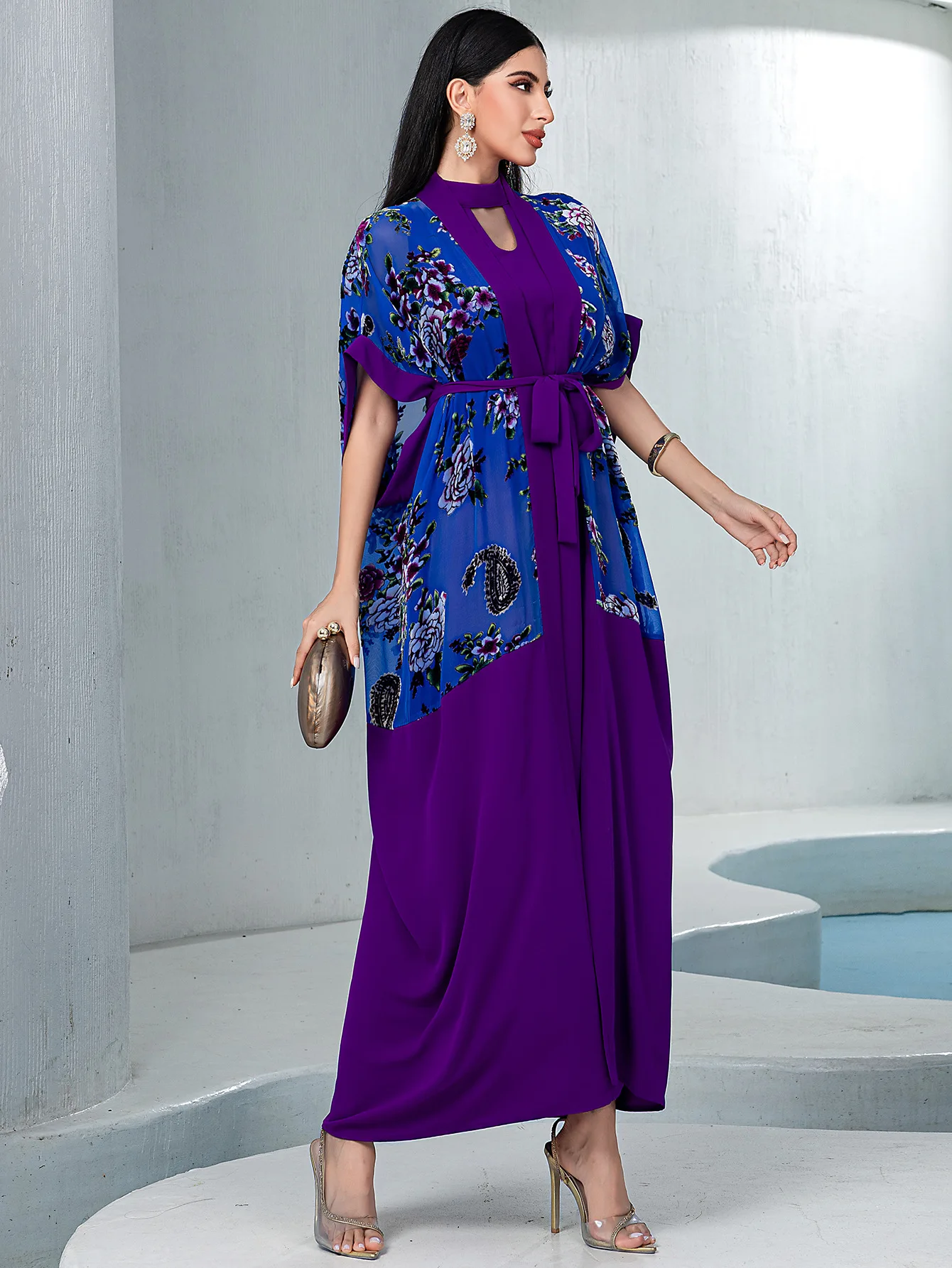 Purple Printed Batwing Sleeve Two Piece Open Kimono Inner Dress Elegant Women Loose Outfit Fashion Party Matching Suit Dress