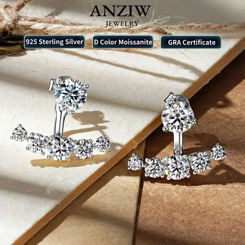 Anziw Real D2.30CT All Moissanite Earrings Ear Jacket Studs for Women 925 Silver GRA Certified Christmas Gift Dual Use Earrings