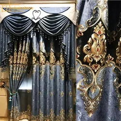 New Blue Stamped Embroidered Jacquard Curtains for Living Room Bedroom Villa Customized Home Decoration Finished Valance