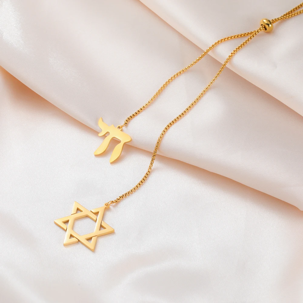 Dawapara Davidstern und jüdischer hebräischer Chai-Anhänger, lange Halskette, Pulloverkette, Hexagramm, Judentum, Edelstahlschmuck – Detail 7