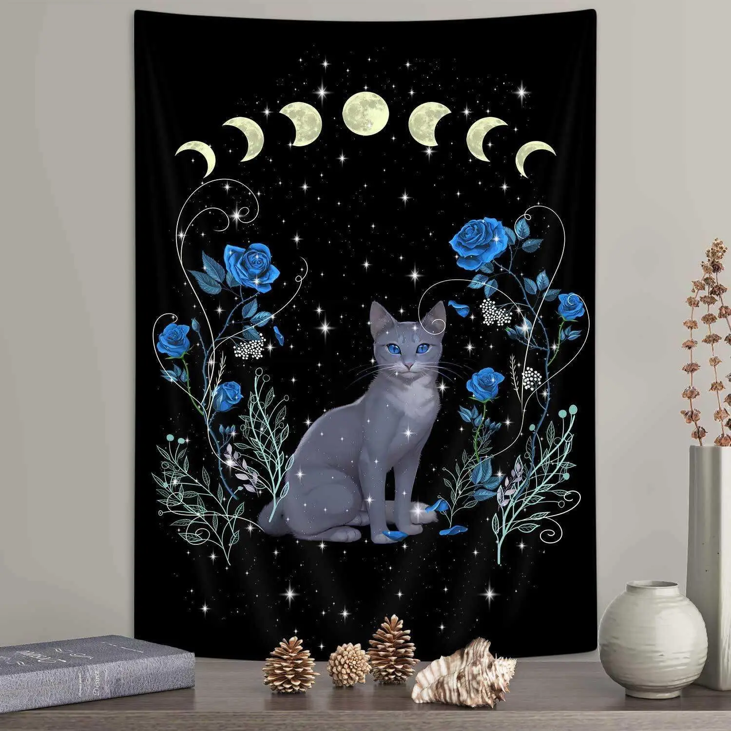 Cat Moon Phase Vertical Tapestry, Aesthetic Blue Rose Floral Animal Tarot Tapestry Wall Hanging Bedroom, Trippy Black Tapestries