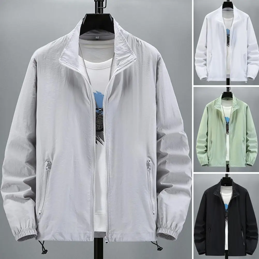 

Stylish Sunscreen Coat Ultra-thin Cardigan Sunscreen Coat Solid Color Elastic Cuff Men Outdoor Jacket Men Garment