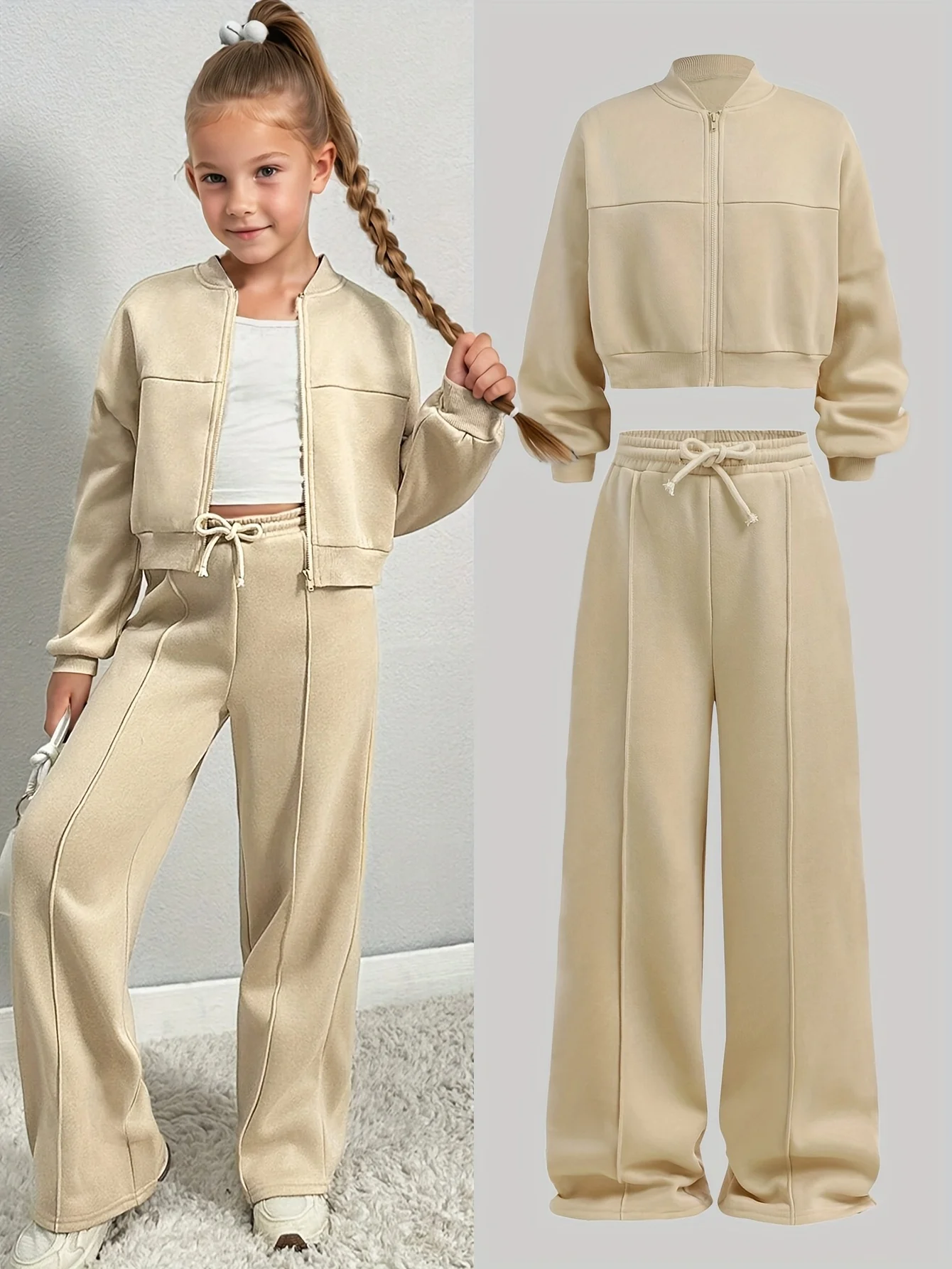 New Autumn and Winter Casual Jacket for Teenage Girls, Knitted Solid Color Stand-Collar Long-Sleeve Sweatshirt and Drawstring Waist Wide-Leg Pants Sports Set, Girls' Solid Color Jacket and Wide-Leg Pants Set