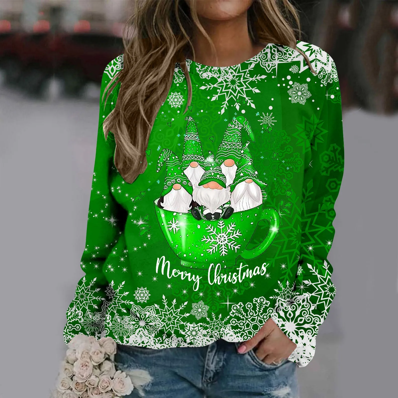 Women\'s Long Sleeved Round Neck Merry Christmas Printed Pullover Sweater Tops