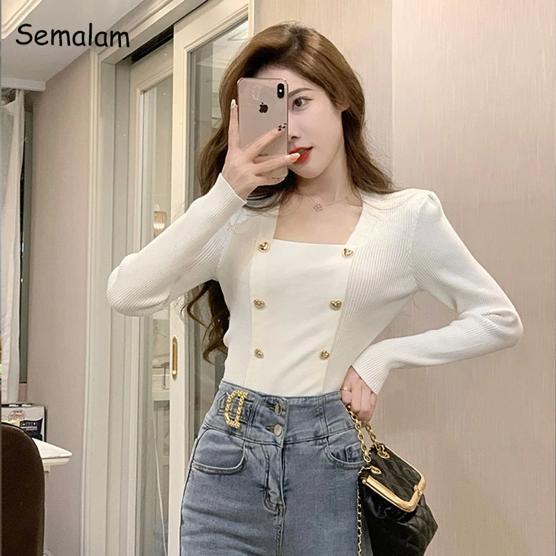 2022 Autumn Winter Square Neck Long Sleeve Sweater Women Sexy Short Red White Elegant Knitwear Double Button Fashion Casual Tops