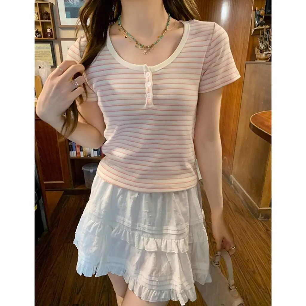 

Women's Blue And White Stripes T-Shirt Short-Sleeved Chic Niche Design Slim Fit for Spring And Summer Right Shoulder Style