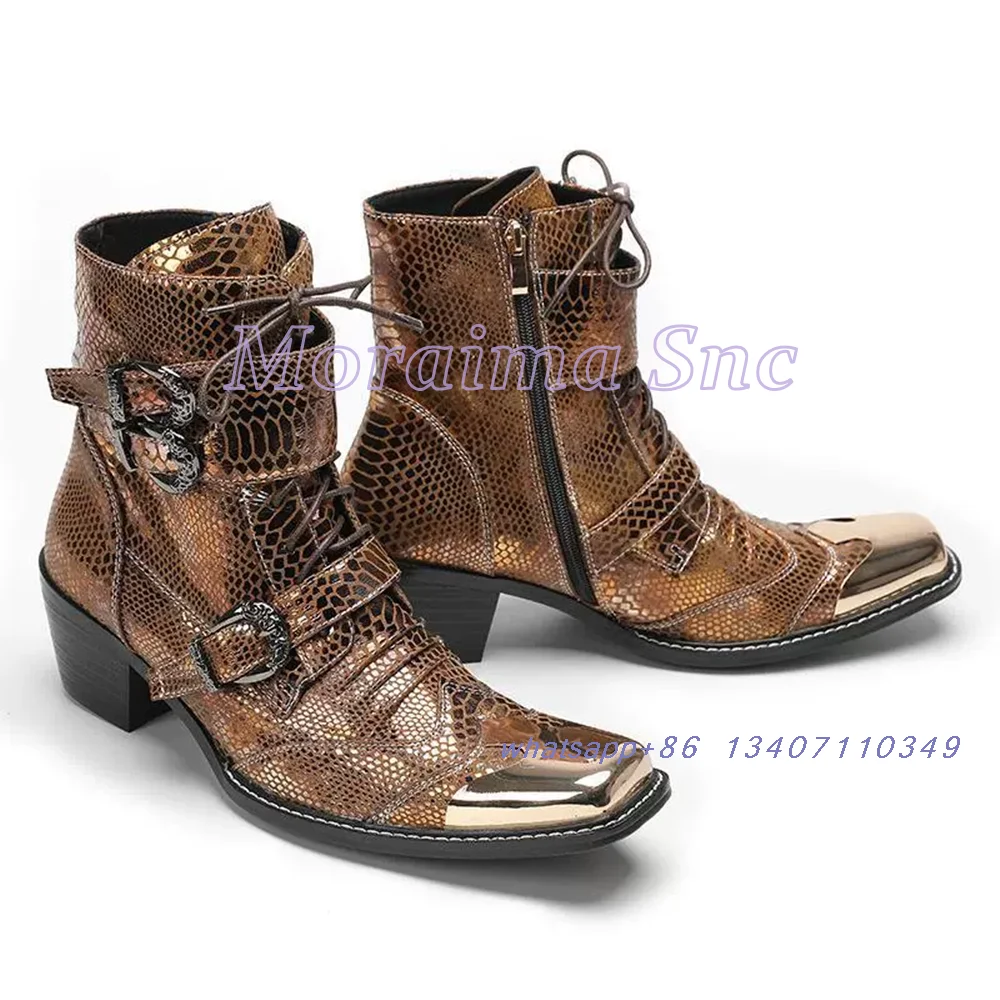 Metal Square Toe Belt Buckle Men Boots Snake Pattern Patent Leather Lace Up Side Zipper Block Chunky Heel Men's Short Boots 2025