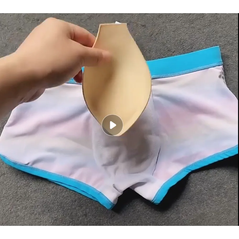 men's split-ended flat-angle sports swimming trunks, blue strips, fashionable tethered four-corner beach boxers, men'sH222-081-1