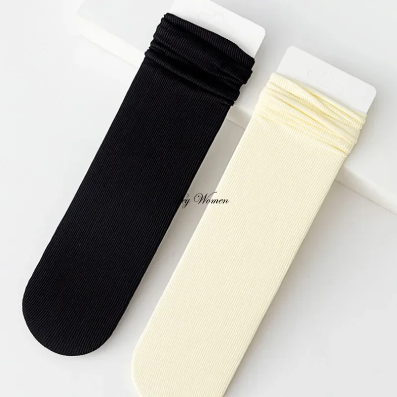 2/5 Pairs Summer Thin Loose Socks for Women Ice Silk Velvet Soft Breathable Long Tube Solid Beige Black Fashion Simple Hosiery