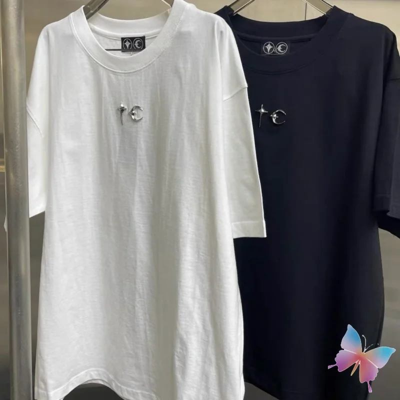 

Летние американские футболки High Street Thug Club Star Moon с 3D металлическим логотипом, хлопковые топы для мужчин и женщин, футболки с круглым вырезом и короткими рукавами