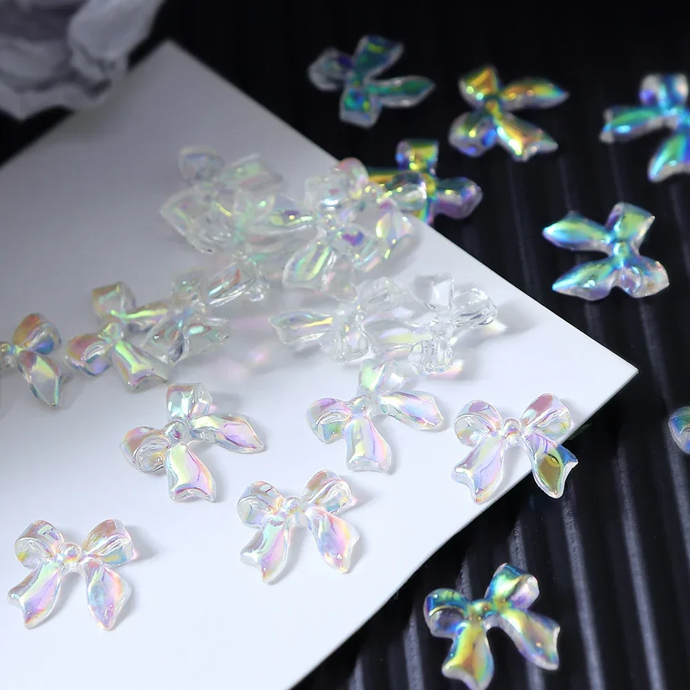 Breloques transparentes pour nail art, ruban Aurora, nœud 3D, Kawaii brillant, accessoires de manucure d'été, fournitures de décoration, N64.30 pièces