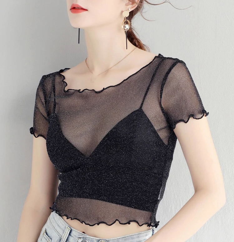 Fashion See Through High Stretch Lace Crop Tops Women\'s Summer Perspective Thin Short-sleeved T-shirt Ruffle Edge Mesh Top Shirt