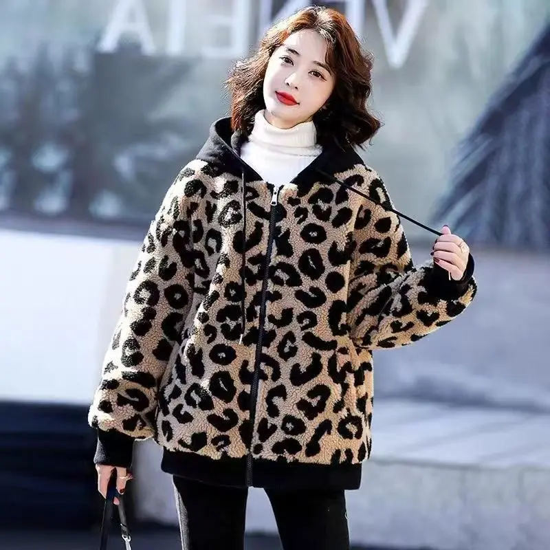 

Lamb Cashmere Leopard Coat Women Autumn Winter 2024 New Korean Loose Join Together Outerwear Casual Hooded Keep Warm Jacket