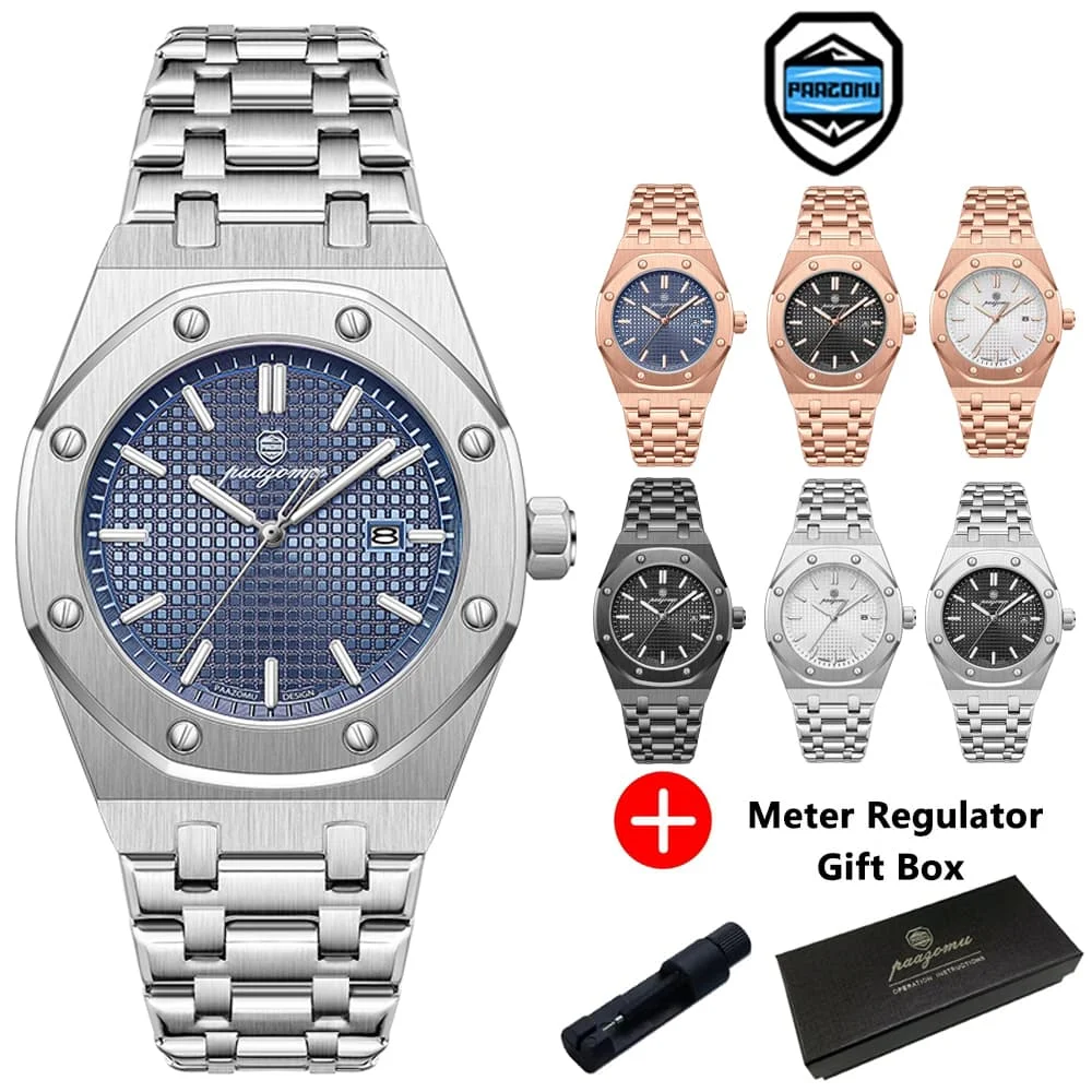 PAAZOMU الفاخرة كوارتز رجل ساعة اليد مقاوم للماء مضيئة تاريخ الرجال الساعات الفولاذ المقاوم للصدأ ساعة رجالي ذكر Reloj + صندوق هدية