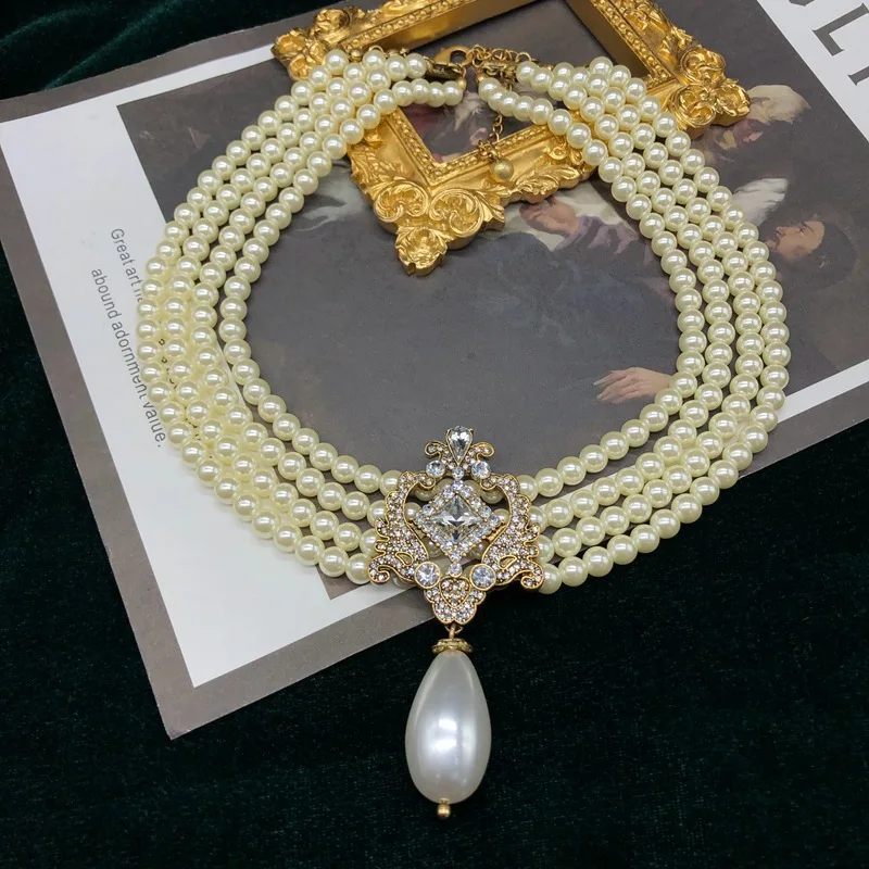 New Retro Palace Multi-layered Glass Pearl Necklace Inlay Zircon Water Droplet Pendant Necklace Earrings Clip Set Jewelry