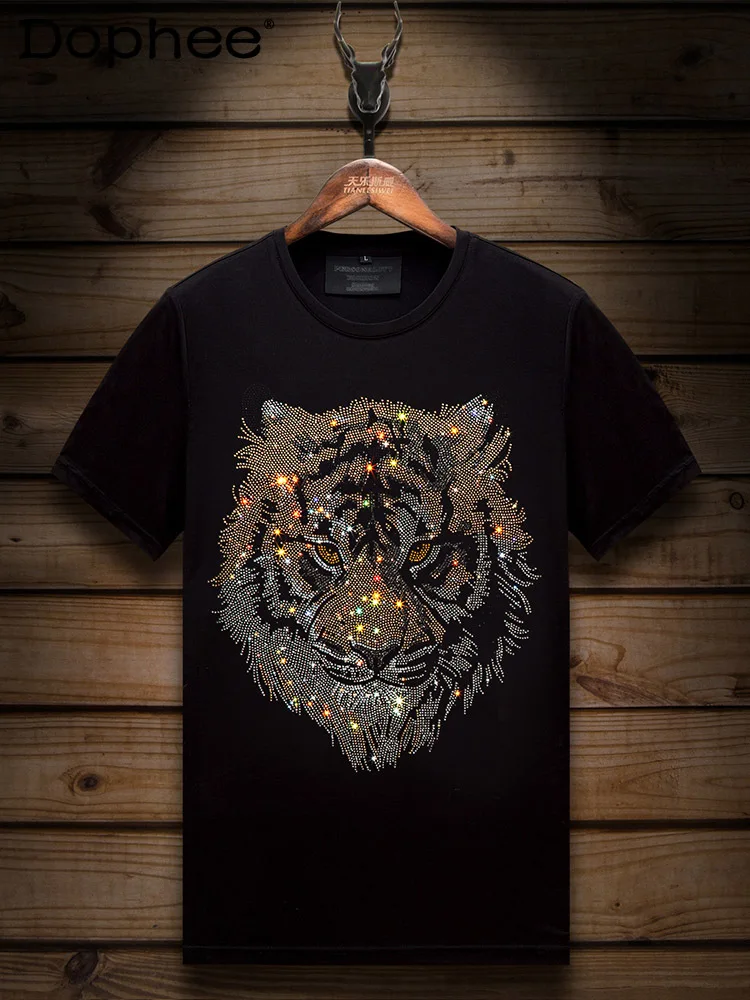 Men's T-shirt Short Sleeve 2024 Summer New T-Shirts Hot Rhinestone Tiger Head Men's Slim Fit Oversize T-Shirts Half-Sleeve Tops