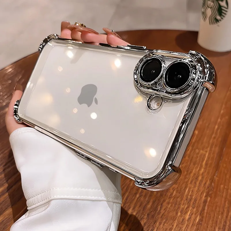 For iPhone 16 Pro Soft Case Luxury Plating Clear Airbag Camera Protector Cover for iPhone 11 12 13 14 15 Pro Max 16 Plus X Xs Xr