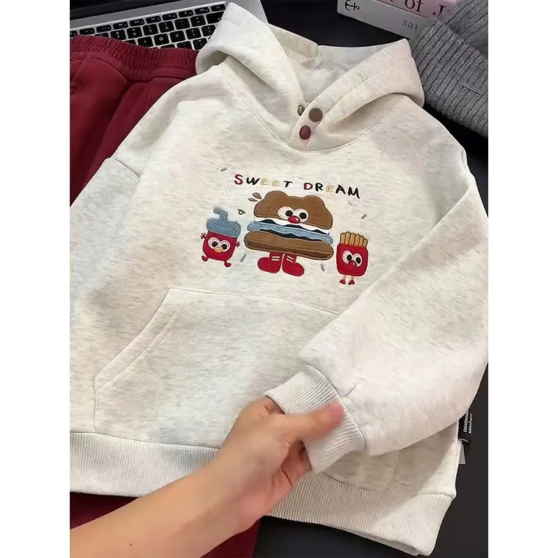 

Girls' Velvet Hooded Sweatshirt Autumn and Winter New Mid-to-ear Children's Thickened Cartoon Casual Top Loose T-shirt