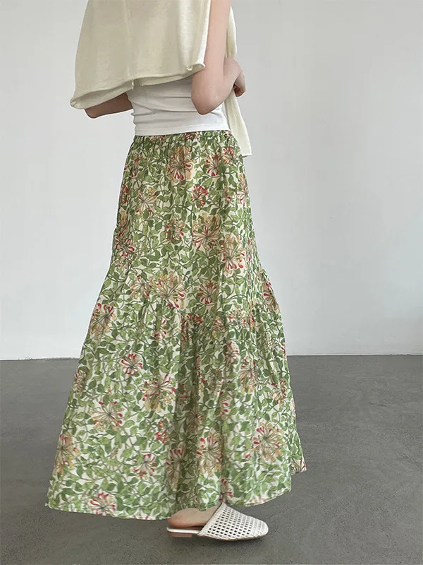 

Green Floral Print Dress Women's Artistic Style Versatile Half-length Skirt Commute Spring Summer Seasonal Fashion
