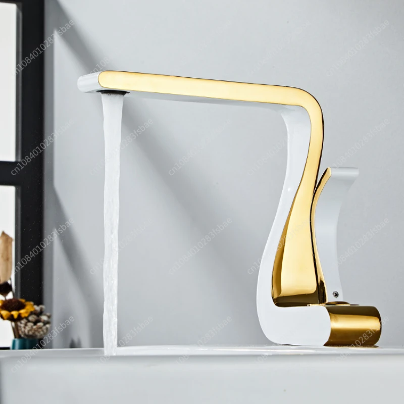 Full Copper Washbasin Faucet Hot and Cold Gold Light Luxury Art Creative Household Bathroom Cabinet Washbasin Faucet