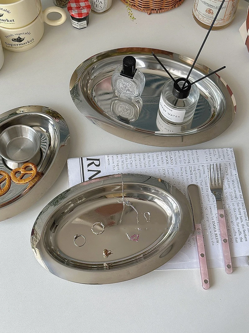 Vintage Stainless Steel Oval Plate Breakfast Bread Salad Disc Round Dipping Saucer Afternoon Tea Cake Treat Dish Storage Tray