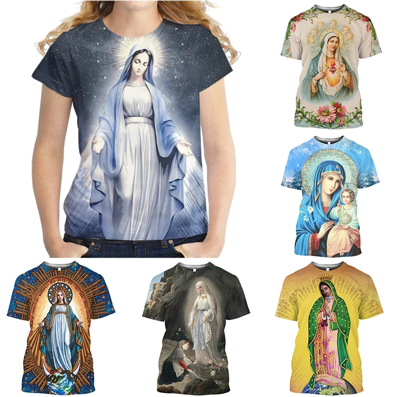 Fashion T-Shirt for Women 3D Print Catholic Virgin Mary Pattern Round Neck Short Sleeve Tees Y2k Casual Retro Streetwear Tops