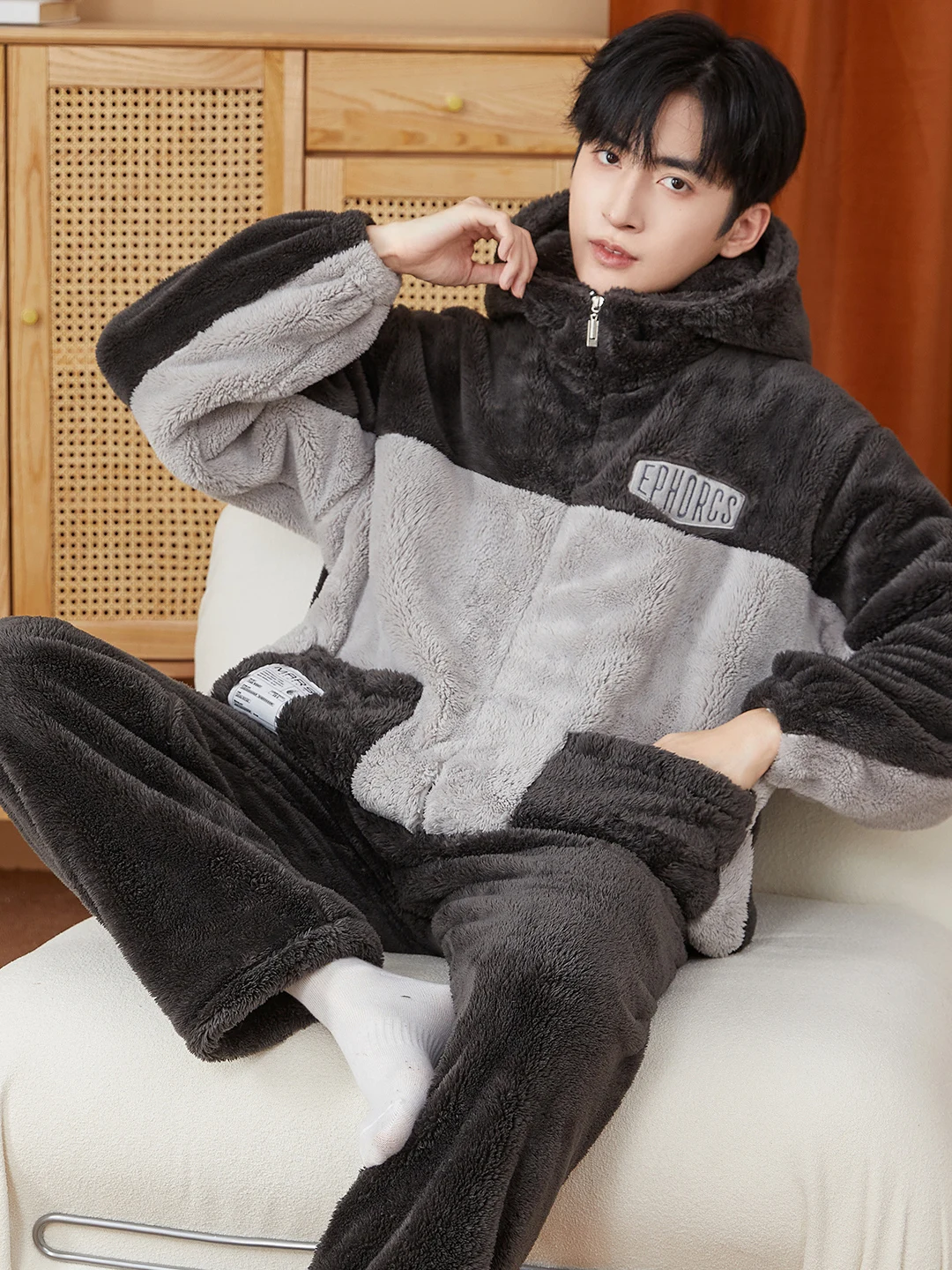 DAIMELU بيجامة بأكمام طويلة للرجال من الصوف المرجاني الحراري وسحاب كبير الحجم من الصوف السميك طقم ملابس نوم فضفاضة #3