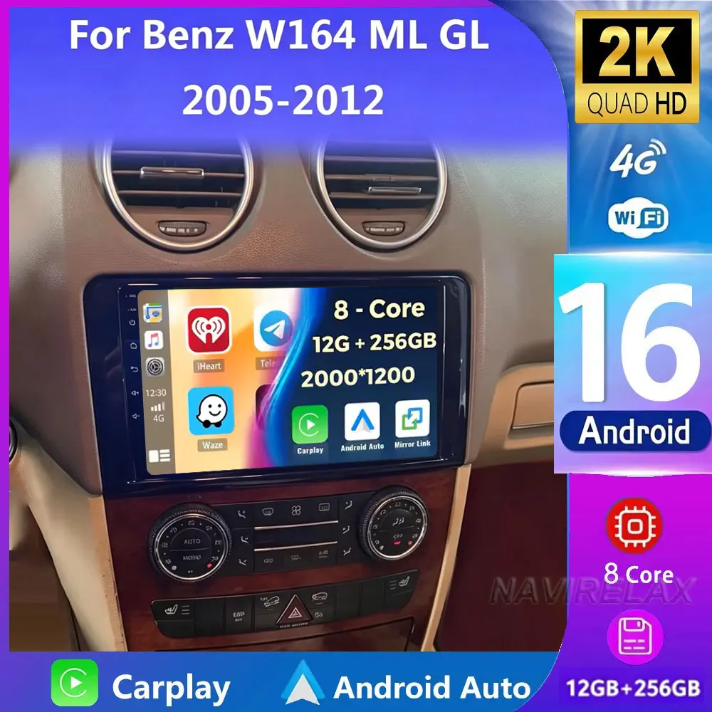 Android 16 For Benz GL ML W164 ML350 ML500 X164 2005-2012 2K QLED Android Car Radio Multimedia Video Player GPS Stereo CarPlay