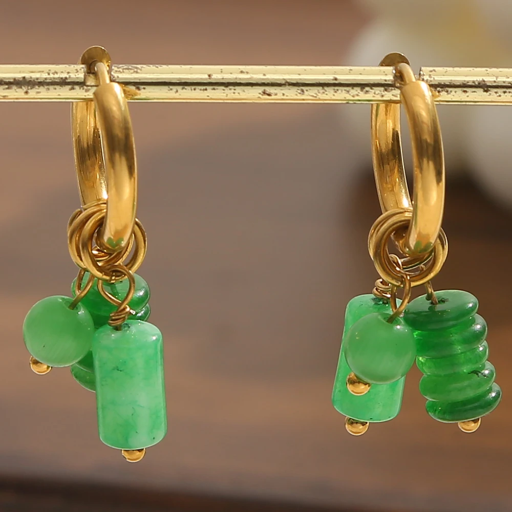 1 زوج الذهب اللون مطلي الفولاذ المقاوم للصدأ هوب أقراط للنساء خمر الحجر الأخضر سحر العصرية للماء مجوهرات هدية #5