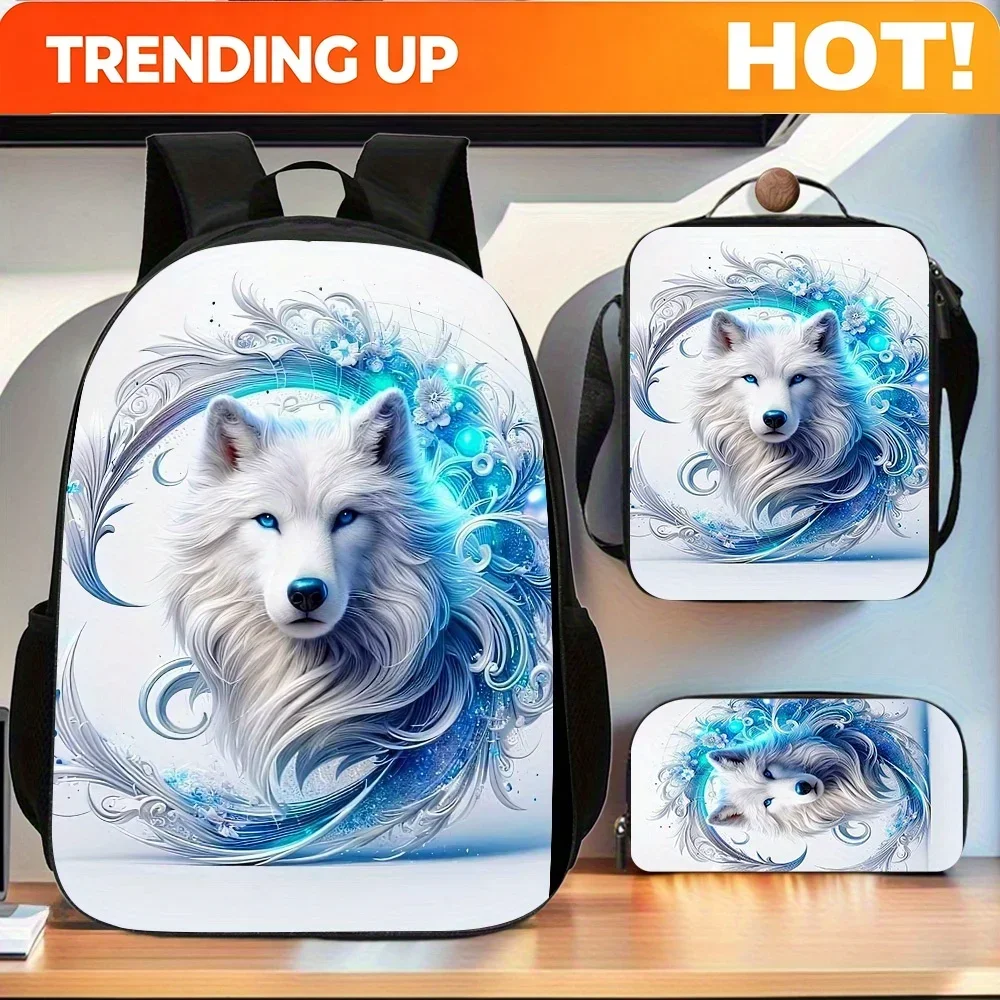 Custom Bag Wolf 3pcs Backpack Set, Includes Large Capacity Casual Double Shoulder Backpack, Pencil Bag And Lunch Box, Polyester,